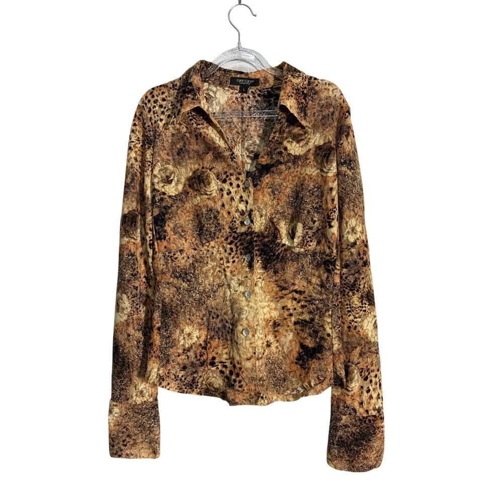 Karen Kane Floral Leopard Mesh Semi Sheer Top Shirt Earthy Fall Fairy Boho Y2K L